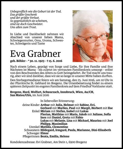 Todesanzeigen Von Eva Grabner Todesanzeigen Vorarlberger Nachrichten