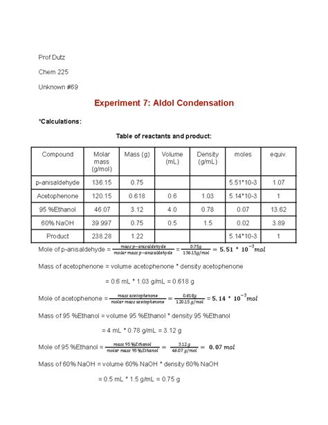 Lab 7 Aldol Condensation Report Prof Dutz Chem 225 Unknown