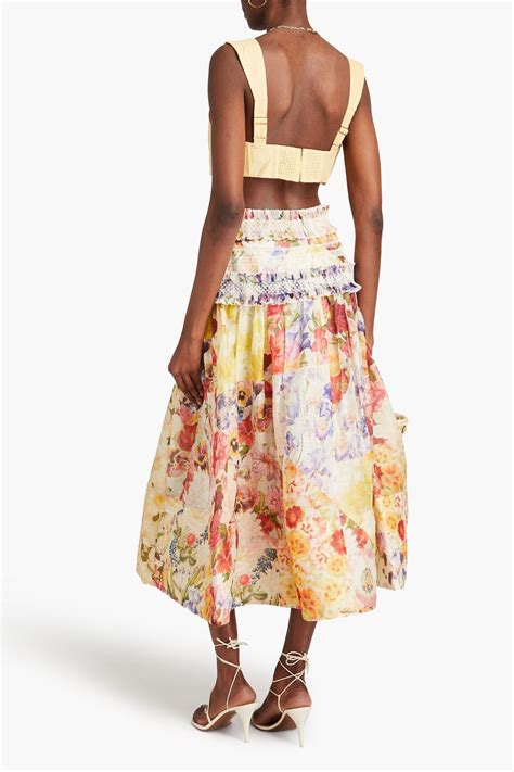 Zimmermann Ruffled Floral Print Linen And Silk Blend Gauze Midi Skirt