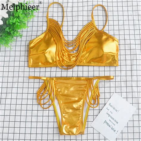 Aliexpress Buy Sexy Glossy Bikini 2018 Bandage Female Gilding Swimsuit Push Up Swimwear