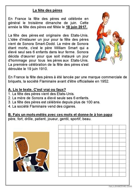 la fête des pères compréhension géné Français FLE fiches pedagogiques