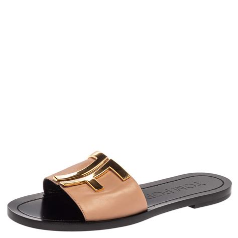 Tom Ford Beige Black Leather Tf Slide Sandals Size Tom Ford The