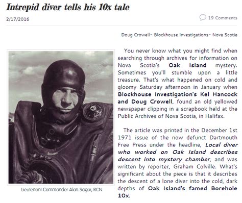 The Oak Island Compendium’s Throwback Thursday Intrepid Diver Tells His 10x Tale