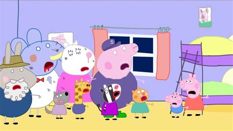 peppa pig and his family are standing in front of the bed room with bunk beds