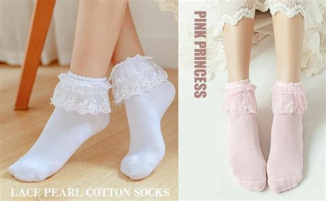 Sryl Women Ankle Socks Pearls Lace Ruffle Frilly Comfortable Cute Cotton Socks