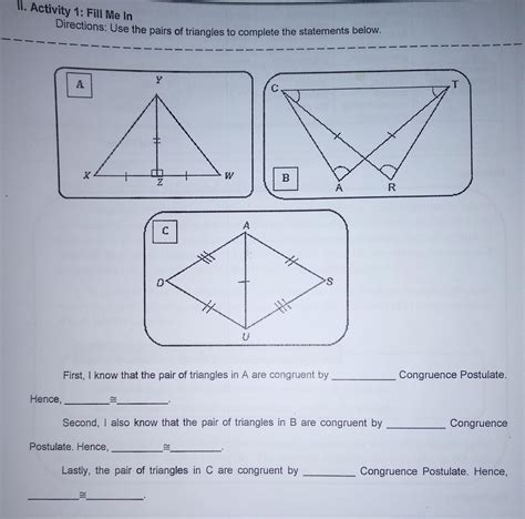 Directions Use The Pairs Of Triangles To Complete The Statements Below