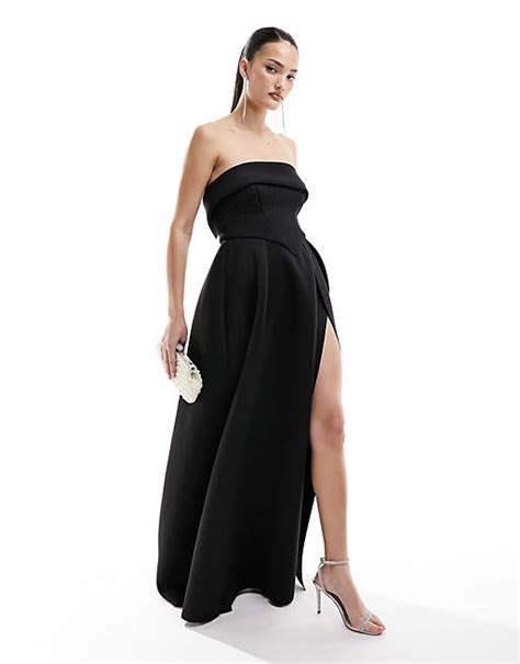 Asos Design Bandeau Corset Structured Skirt Maxi Dress In Black Asos