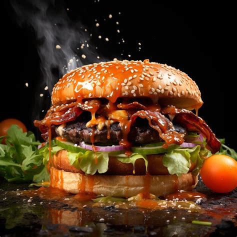 Premium Ai Image Hamburger Bacon With Two Slices Of Meat Tomato Onion