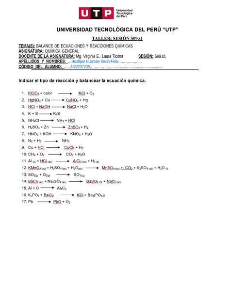 S S Tarea Balance De Ecuaciones Y Reacciones Qu Micas Resuelto