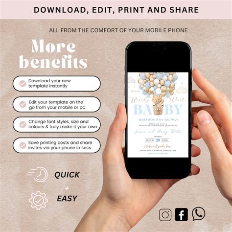 Editable We Can Bearly Wait Baby Shower Invite Hot Air Balloon Teddy Bear Theme Boho Bear