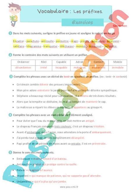 Les préfixes Exercices de vocabulaire pour le cm1 PDF à imprimer