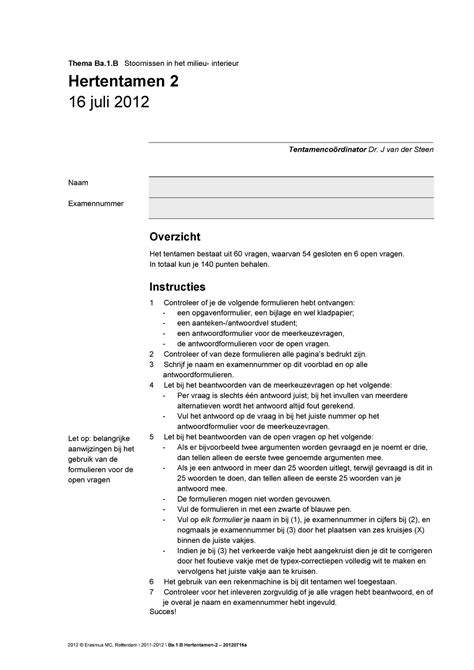 Tentamen 16 Juli 2012 Vragen Thema Ba 1 Stoornissen In Het Milieu