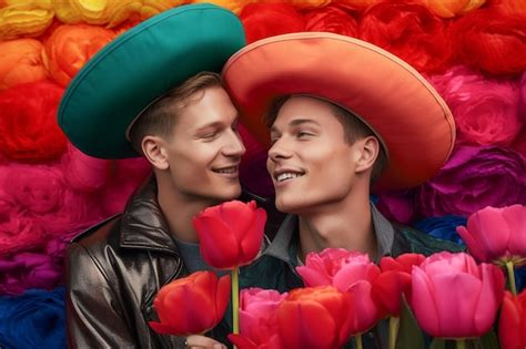Um lindo casal gay feliz as cores do arco íris em um campo de flores mês do orgulho lgbtq