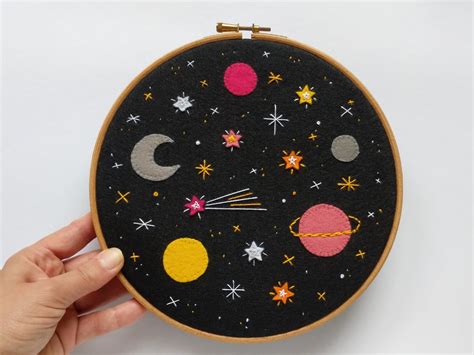 Space Embroidery Hoop Art With Planets The Moon And A Shooting Star