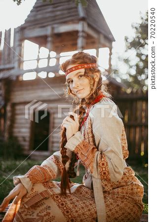 Beautiful Slavic Girl Long Blonde Hair Brown Eyes White Red Stock Photo