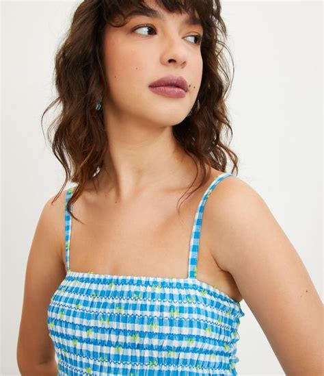 Vestido Longo Em Tricoline Xadrez Lastex No Busto Azul Branco