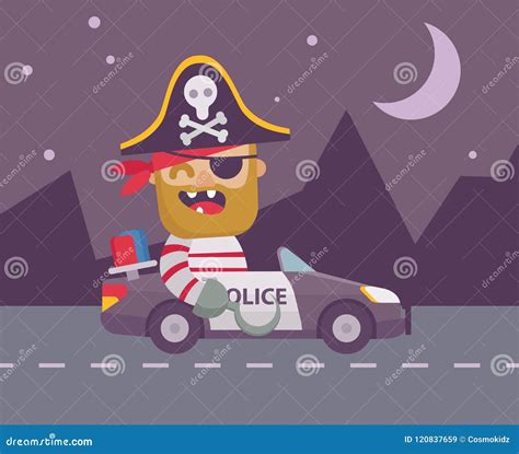 Pirate In A Police Car At Night Flat Design Cartoon Style Stock Vector