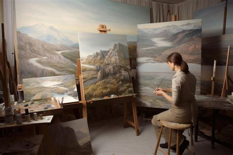 Premium Photo The Woman Painting The Realistic Landscapes In An Art