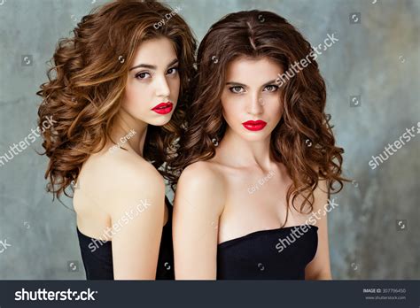 Portrait Two Beautiful Glamorous Sensual Brunette Stock Photo