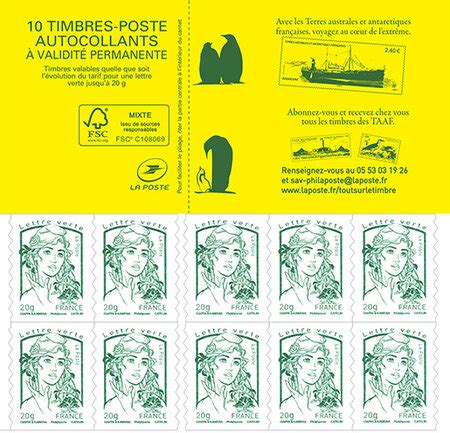 Carnet De 10 Timbres Marianne Vert Couverture TAAF La Poste