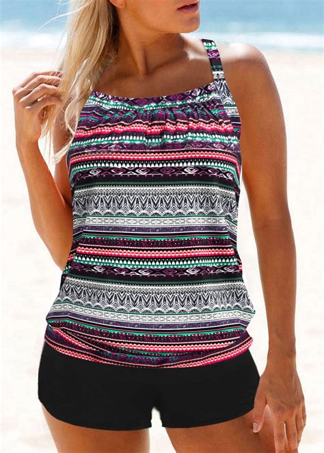 ROTITA Multi Color Cross Strap Tribal Print Tankini Top Rotita