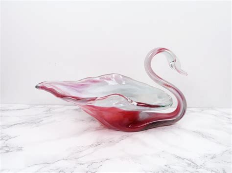 Large Marbled Swan Bowl Vintage Hand Blown Glass Figurine Etsy