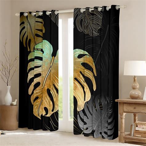 Tropical Palm Leaves Window Curtains Watercolor Black Golden - Etsy