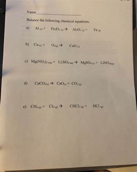 Solved Name Balance The Following Chemical Equations A