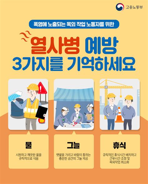 고용노동부 On Twitter 폭염에 노출되는 옥외 작업 노동자분들~ 열사병 예방 3가지를 기억하세요 ★ 물 그늘