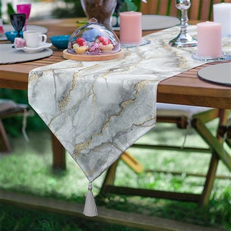 Beautiful Hand Painted Marble Texture Cotton And Linen Table Runner