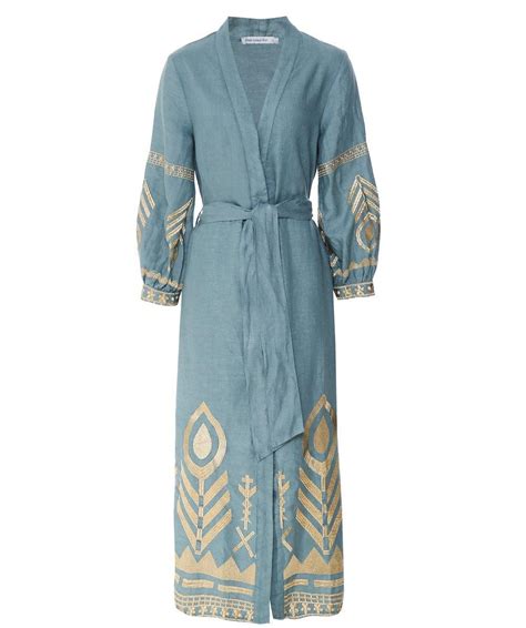 Greek Archaic Kori Feather Linen Midi Dress In Teal Blue Lyst Uk