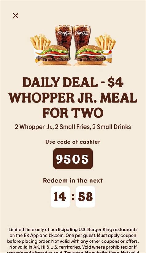 $4 Whopper jr meal for two : r/burgerkingcodes