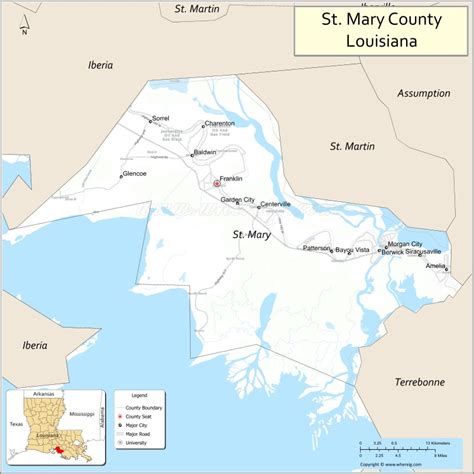 Map of St Mary Parish, Louisiana showing cities, highways & important ...