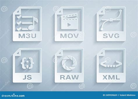 Set RAW File Document SVG JS XML MOV And M3U Icon Vector Stock