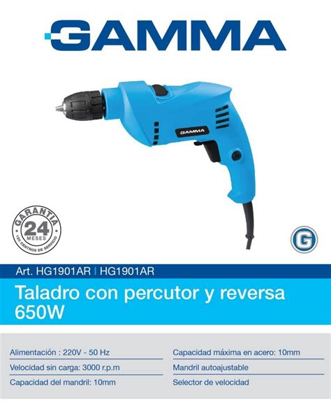 Taladro Percutor Gamma 650w Mandril 10mm Reversa G1901 Mecha GRAMABI