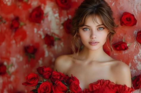 Premium Photo Girl With Brunette Hair In Red Dress Holding Red Roses On Lovethemed Background