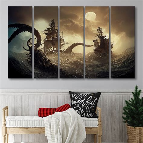 Kraken Tentacle Monster Attacks Pirate Ship Painting Larger Canvas Art ...