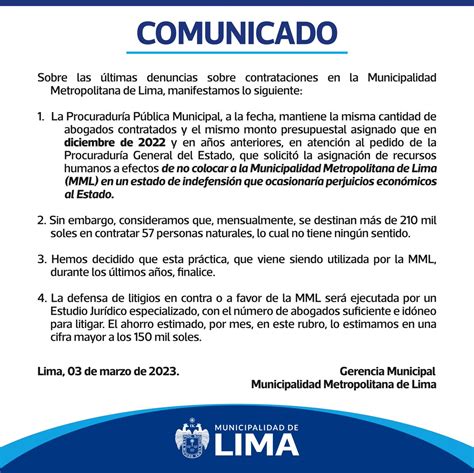 Municipalidad De Lima On Twitter Comunicado La Municipalidad