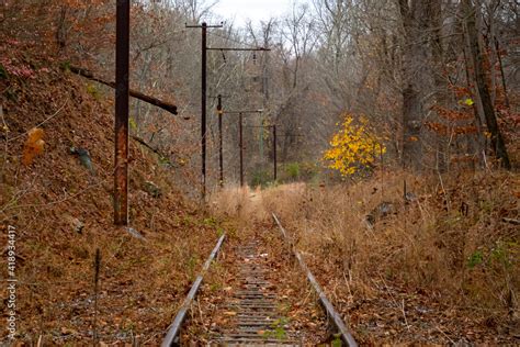 Old Abandoned Overgrown Railroad Train Tracks Lead Into The Creepy