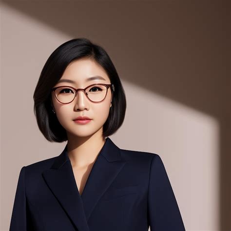 Premium Ai Image A Woman Wearing Glasses And A Dark Blue Blazer Stands In Front Of A Light Shadow