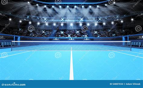 Blue Tennis Court View and Stadium Full of Spectators with Spotlights ...