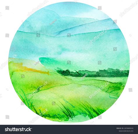 Watercolor Painting Landscape Bright Green Grass Stock Illustration ...