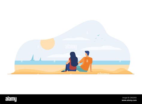 Happy Couple Sitting On Beach And Watching Seascape Stock Vector Image