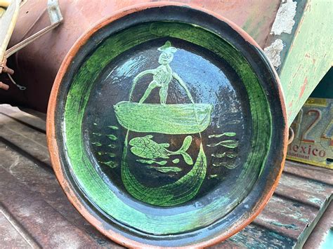 Vintage Mexican Pottery Plate Patamban Green Glaze No Hanging