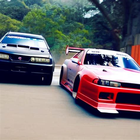 KREA AI Race Car Photo Finish Between A Nissan Skyline R34