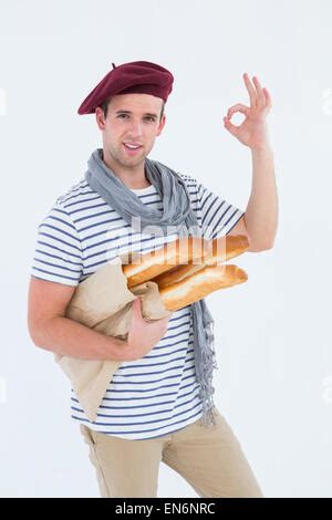 French Guy With Beret Holding Baguettes Stock Photo Alamy