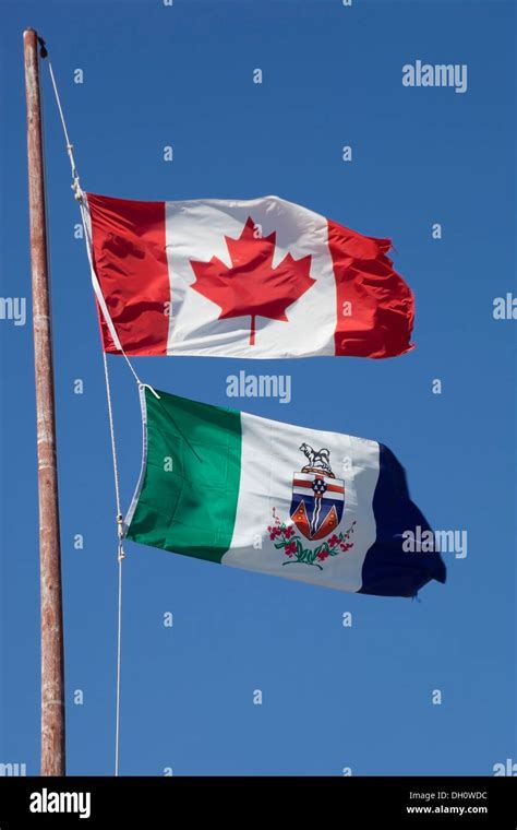 Canadian flag and Yukon territorial flag, in the wind, Yukon Territory ...