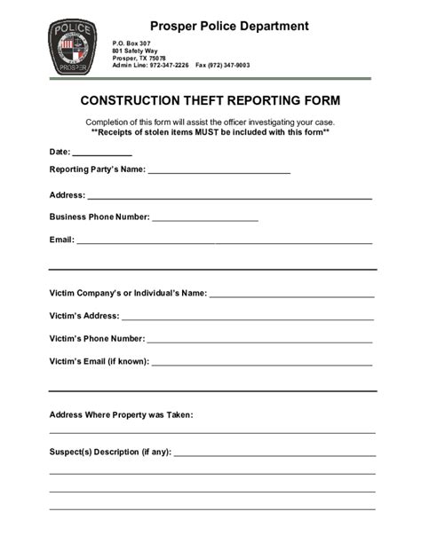 Fillable Online Prosper Police Department Construction Theft Reporting