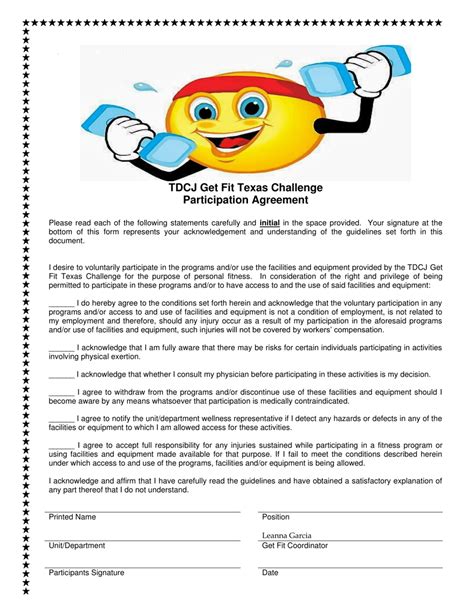 Texas Tdcj Get Fit Texas Challenge Participation Agreement Fill Out