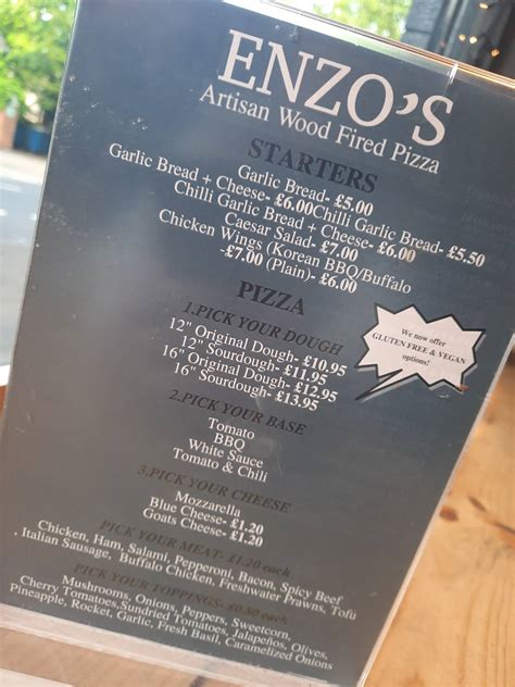 Menu at Enzo's restaurant, Belfast